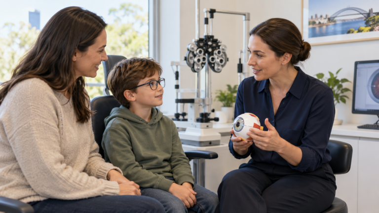 Illustration of an optometrist in a navy blouse discussing a child's eye assessment with a parent.